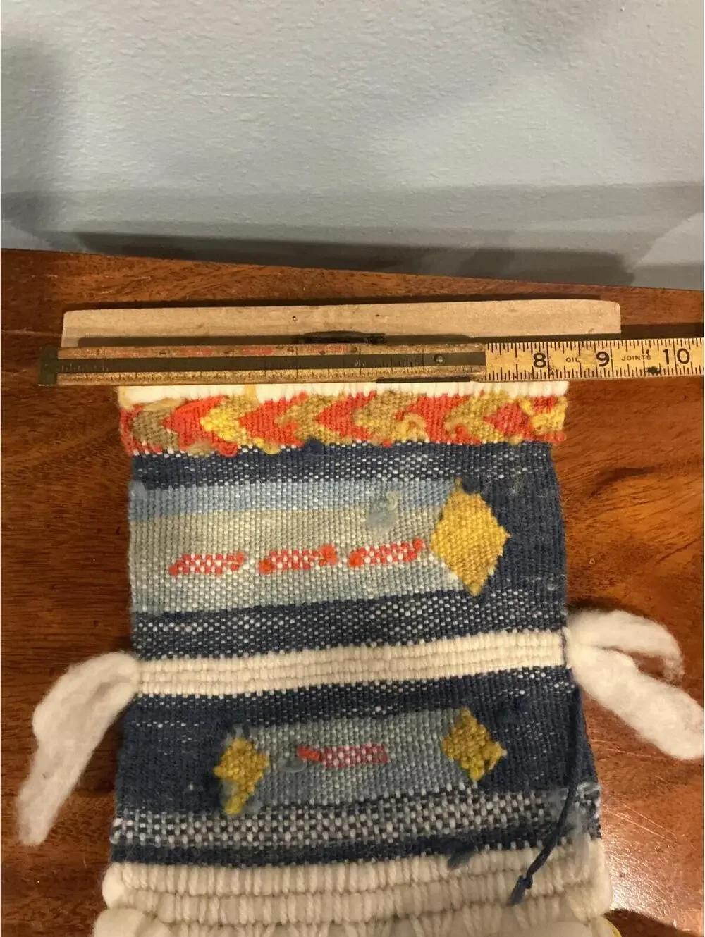 Handwoven Wool Wall Hanging Boho Tapestry with Raw Fleece Fringe Diamond Pattern